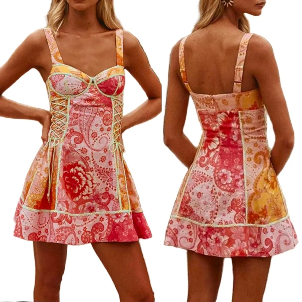 Floral Lace-Up Corset Contrast Piping Sleeveless Retro Sweetheart Mini Dress